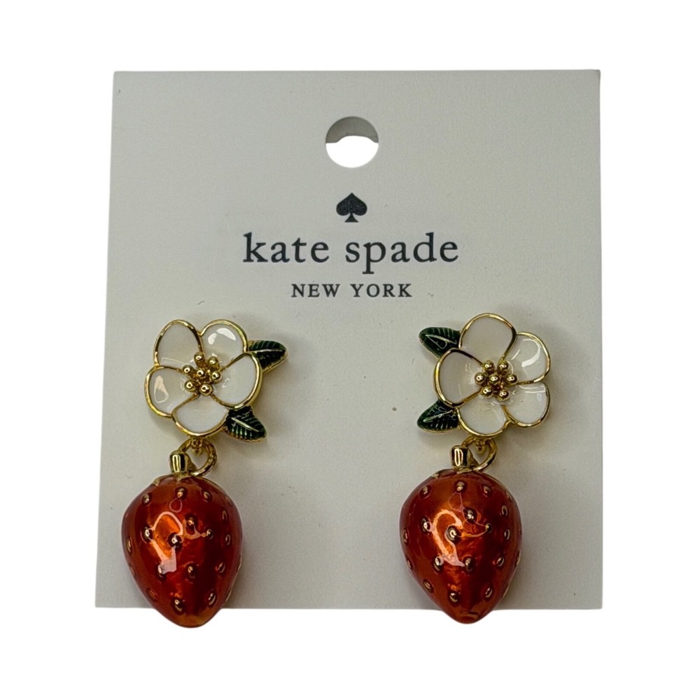 Kate Spade New York Strawberry Flower Drop Earrings Red Enamel Gold Tone NWT